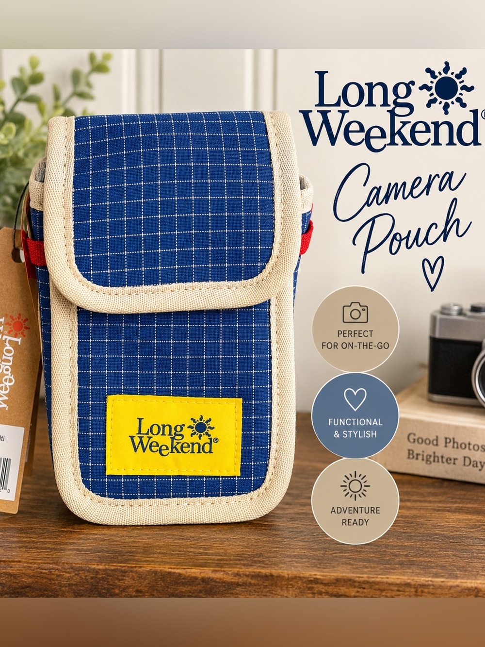 Long Weekend Camera Pouch Creme Multi Blue Grid Travel Case. NEW, no box